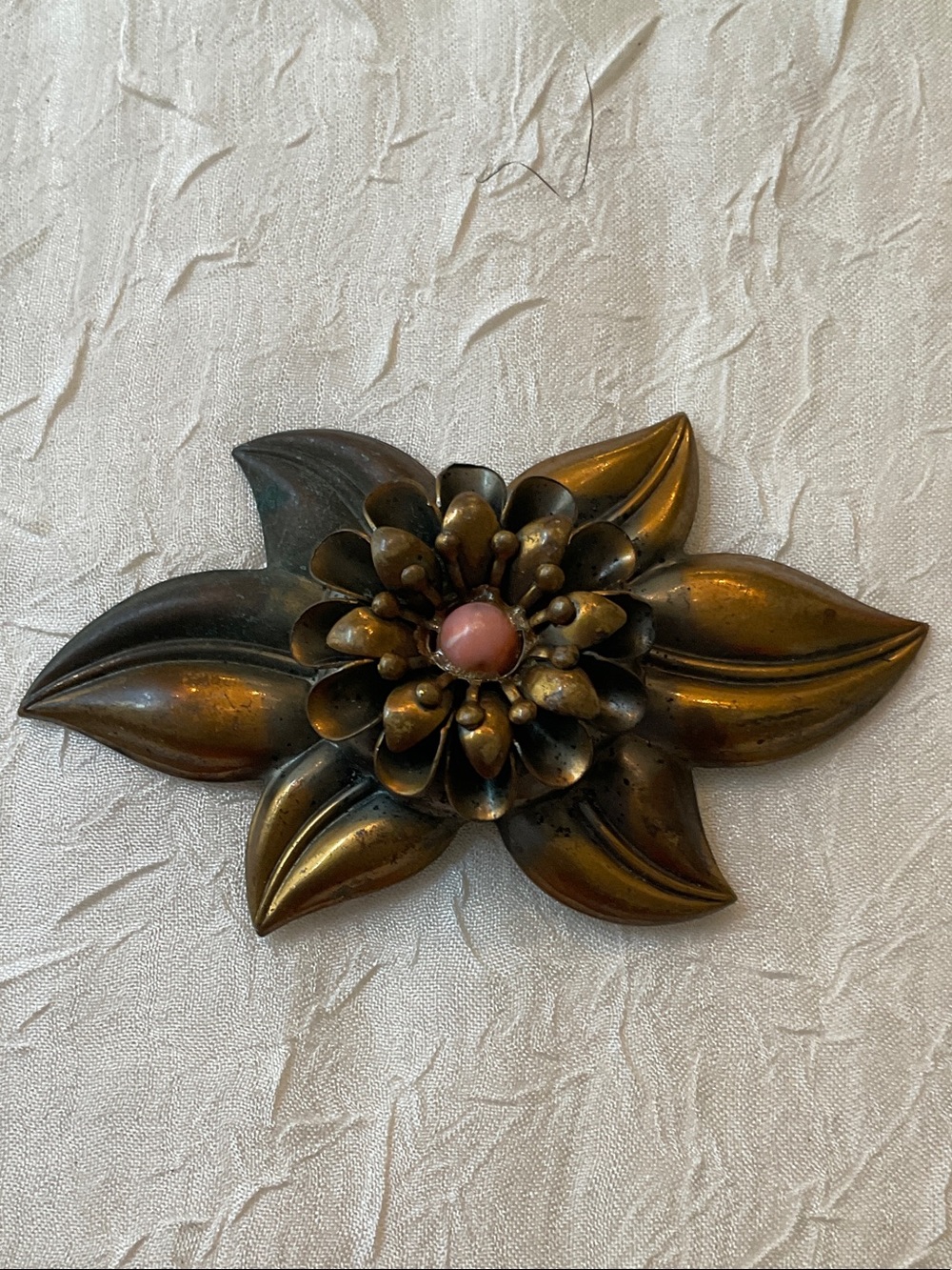 Vintage Floral Metal Brooch with Stone Center